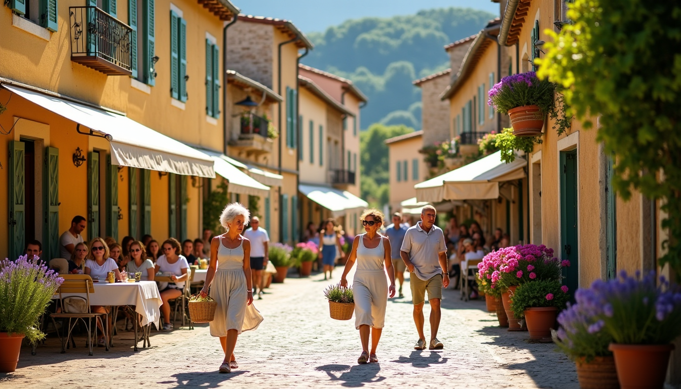 Ruelle animée de Provence : terrasses, lavande en pot et façades aux volets colorés
