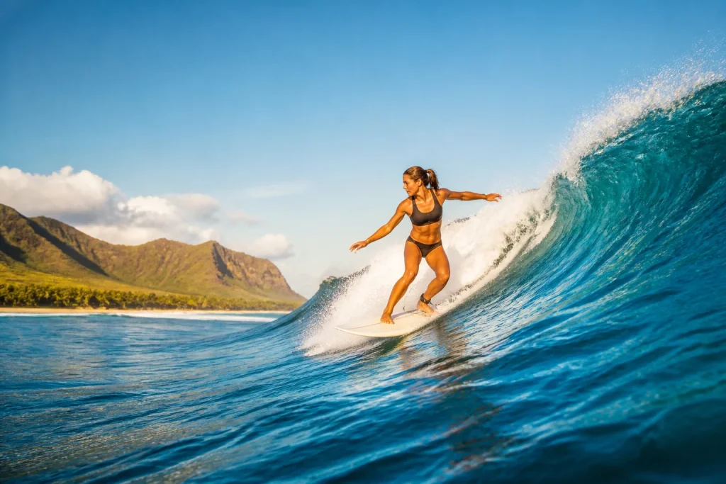 Surfeuse en action sur une vague oceanique