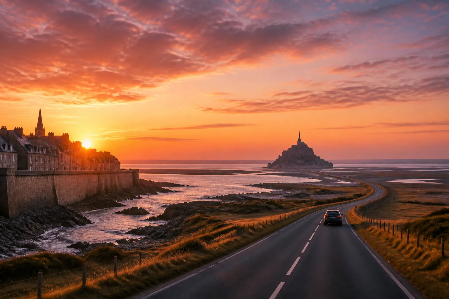Voyage au coucher du soleil vers le mont saint michel