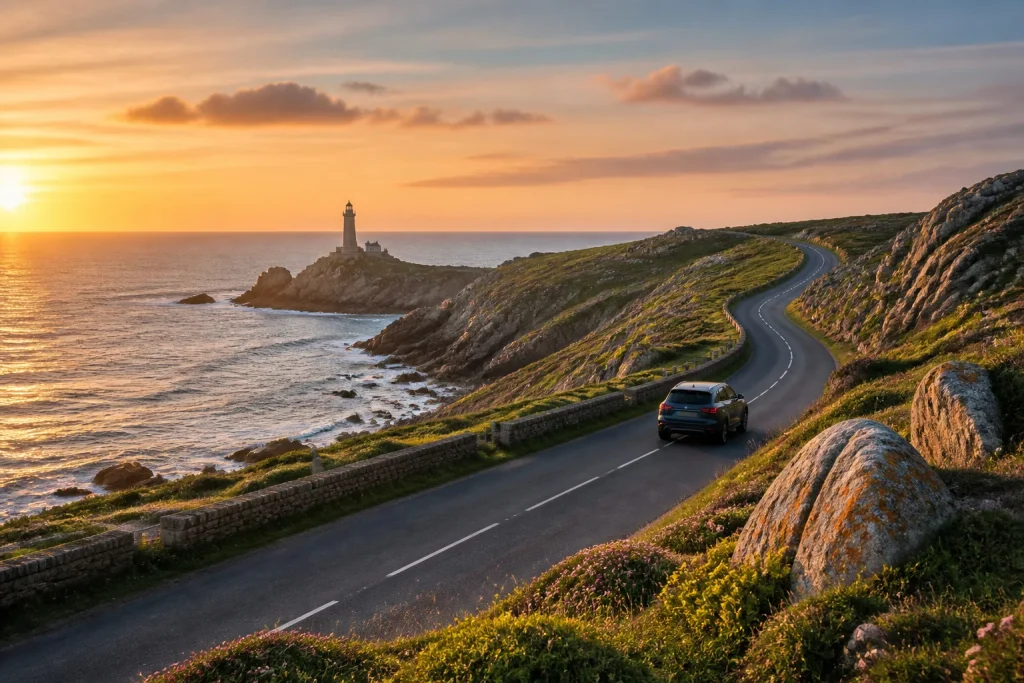 Route cotiere bretonne au coucher du soleil