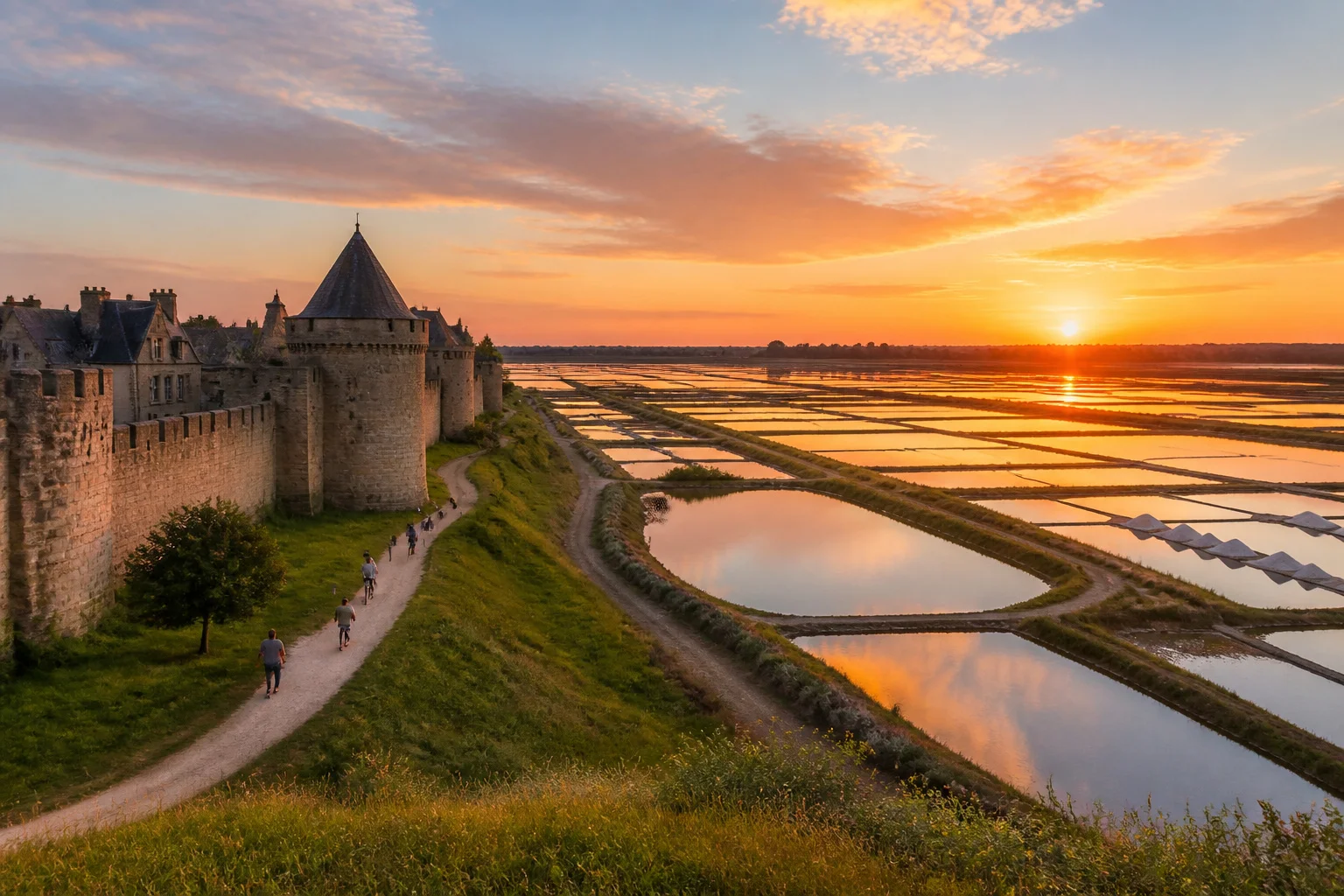 Guerande remparts et marais salants au coucher du soleil