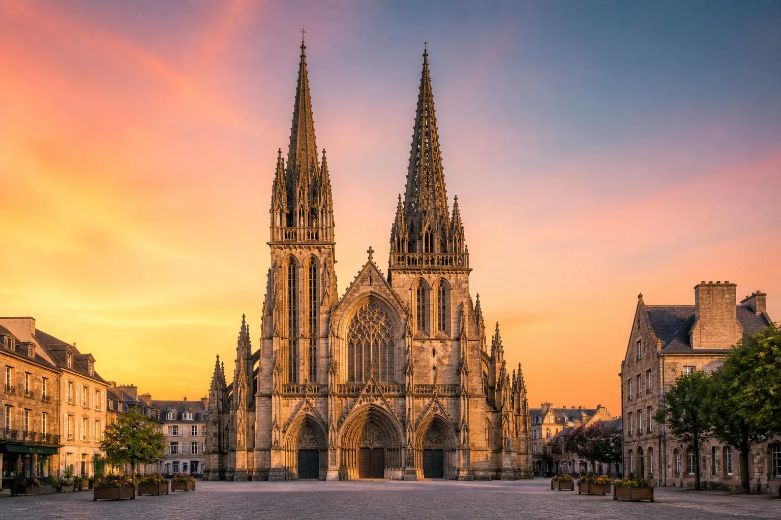Cathedrale saint corentin de quimper au coucher du soleil