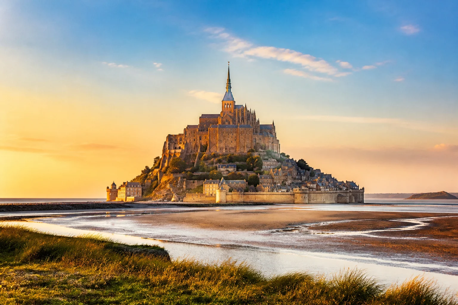Mont saint michel au coucher du soleil dore