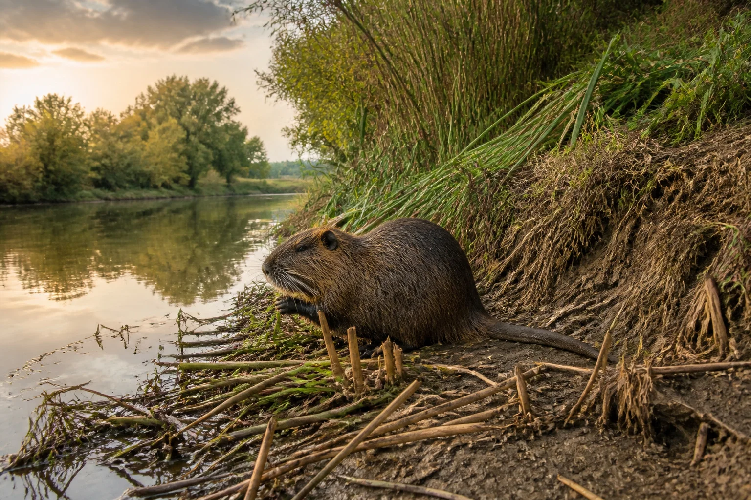 Ragondin au bord de la riviere au crepuscule