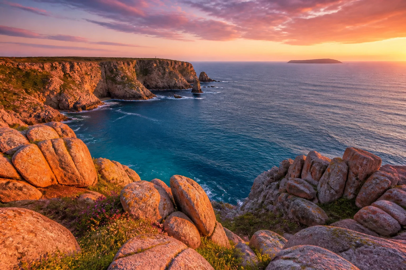 Cote de granit rose bretonne au coucher du soleil