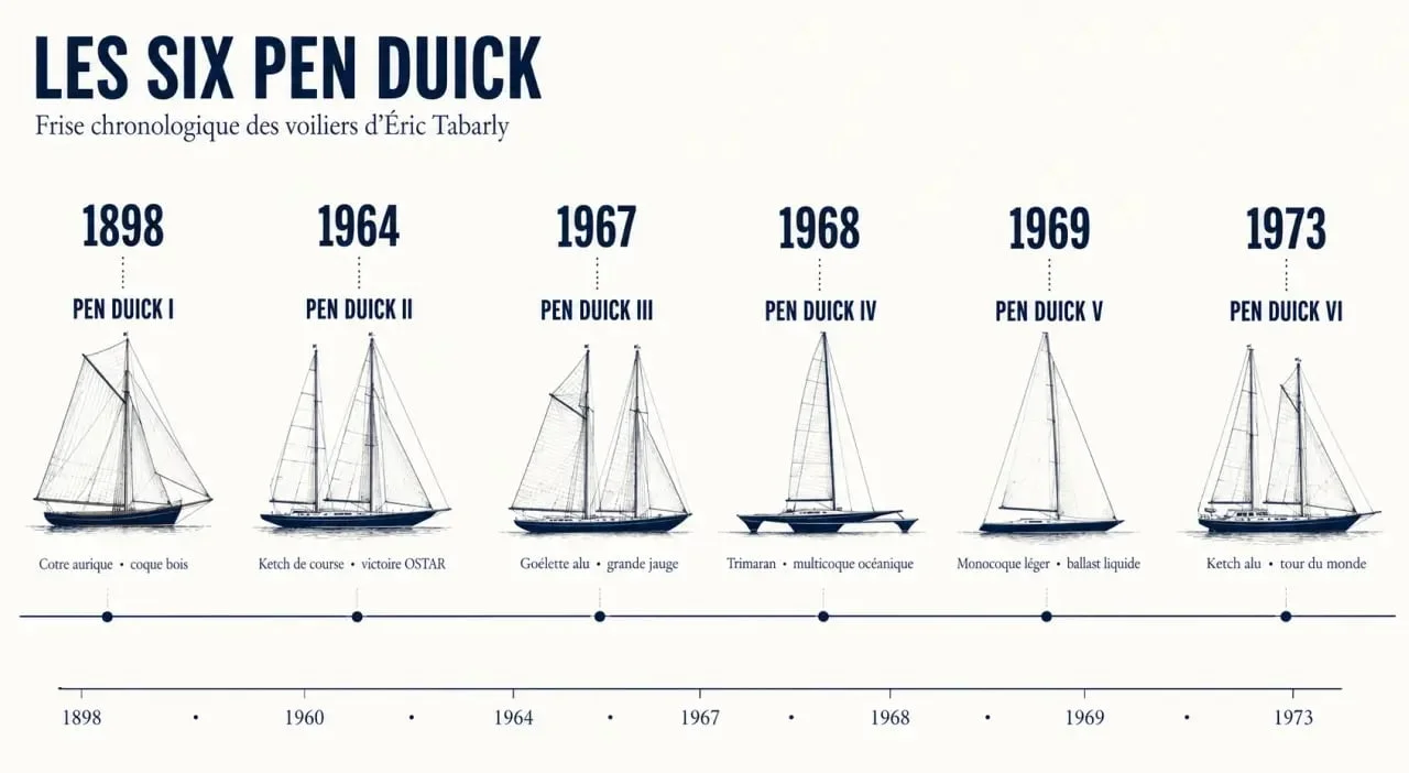 Les pen duick en frise chronologique des six voiliers d’Éric Tabarly