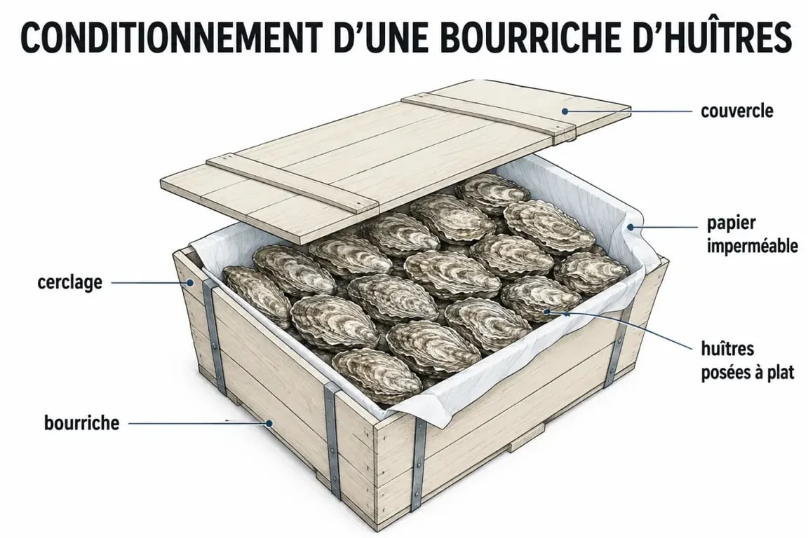 Combien d huîtres dans une bourriche : schéma du conditionnement avec huîtres à plat, papier imperméable, couvercle et cerclage