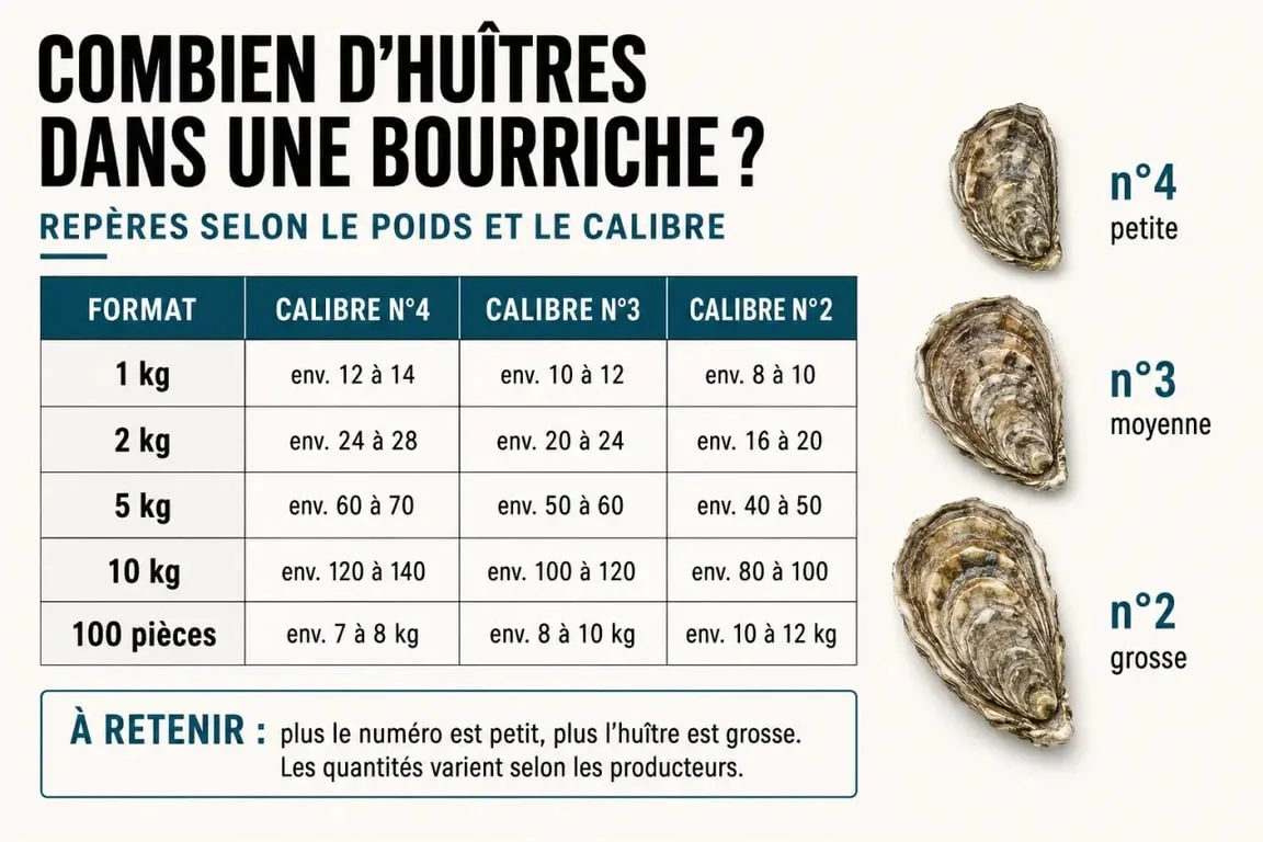 Combien d huîtres dans une bourriche : infographie des formats 1 kg, 2 kg, 5 kg, 10 kg et 100 pièces selon les calibres n°4, n°3 et n°2
