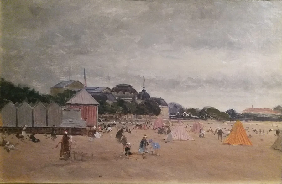Peinture de la plage de la Grande Conche à Royan avec ses cabines, ses tentes et les bâtiments à coupoles d'avant-guerre
