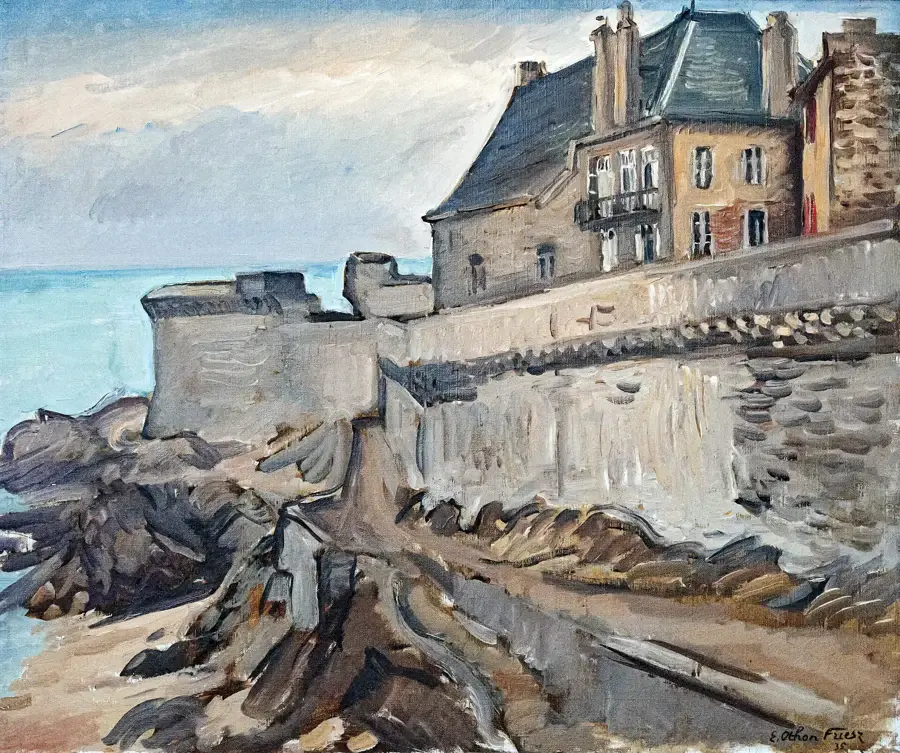 Peinture de 1935 montrant un pan des remparts de Saint-Malo battu par la mer
